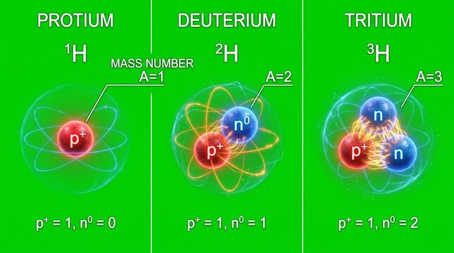 Hydrogen isotopes diagram. Protium, deuterium and tritium atomic structure illustration.