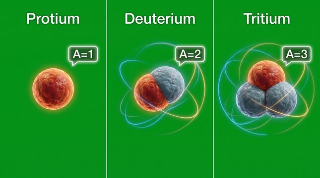 Hydrogen isotopes diagram showing proton, deuterium, and tritium nuclei. Scientific atomic structure illustration with mass numbers for education a...