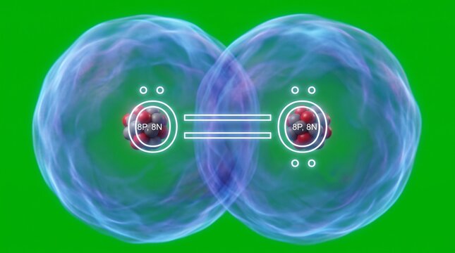 Oxygen molecule double bond diagram. Scientific visualization of O2 atomic covalent bonding.