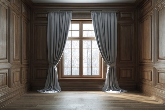 Elegant room interior features paneled walls and a large window with draped fabric
