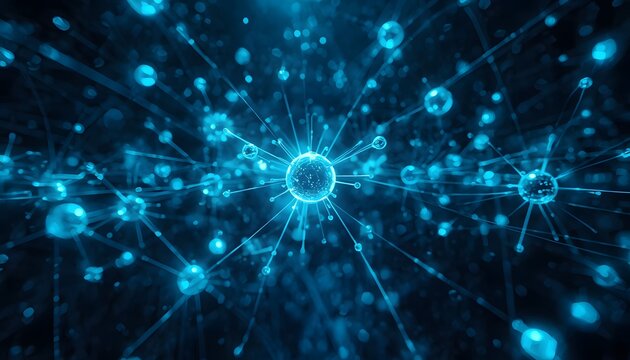 Futuristic quantum neural network. Glowing cyan energy nodes connected by digital lines.