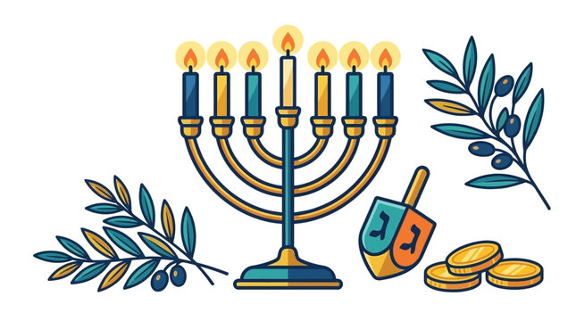 Festive Hanukkah menorah with lit candles and dreidel