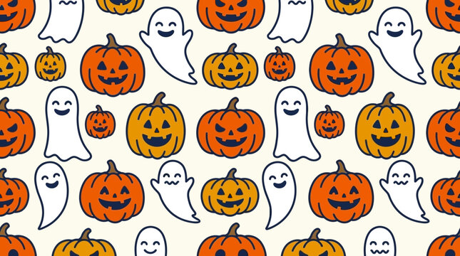 Seamless pattern featuring cute hand drawn pumpkins and ghosts