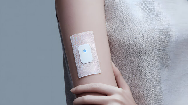 Medical patch on inner forearm with gentle touch conveying health monitoring and discreet wearable wellness device