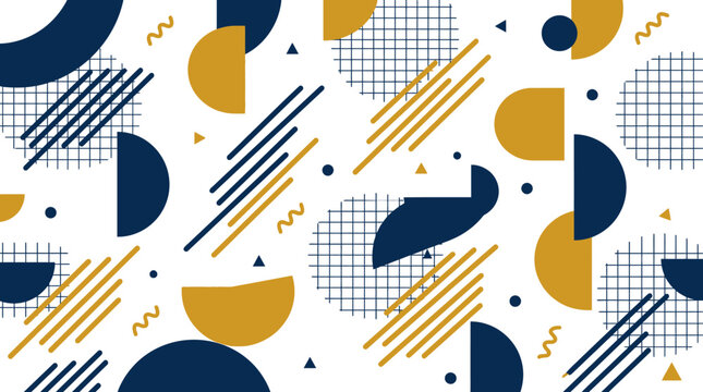 Geometric pattern with blue circles grid lines and yellow diagonal stripes composition.