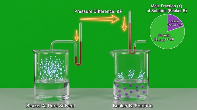 Physics diagram of osmotic pressure. Scientific illustration of solvent and solution levels.