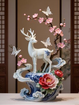 elegant oriental masterpiece porcelain sculpture features a deer with plum blossoms peonies clouds and butterflies emerging from a blue and white ceramic vase with swirls

