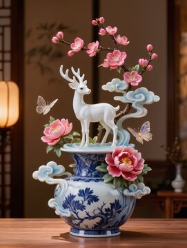 elegant oriental masterpiece porcelain sculpture features a deer with plum blossoms peonies clouds and butterflies emerging from a blue and white ceramic vase with swirls

