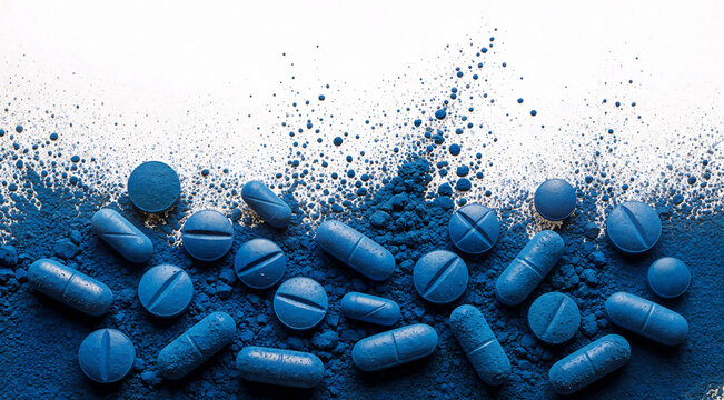 Blue medicinal pills and capsules arranged on a scattered powder background, representing pharmaceutical research and healthcare concept.
