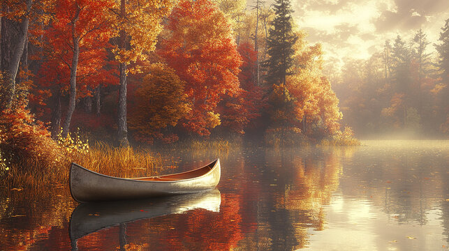 Calm autumn lake with gently bobbing canoe surrounded by colorful fall trees and soft light