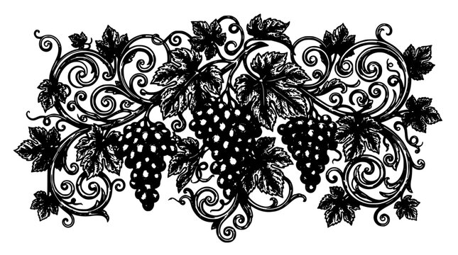Grapes Cluster Ornament with Swirling Vines and Floral Filigree in Vintage Black Ink Style Featuring Vine, Leaves, Decorative