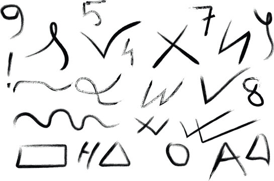 Hand drawn charcoal scribbles symbols and numbers set