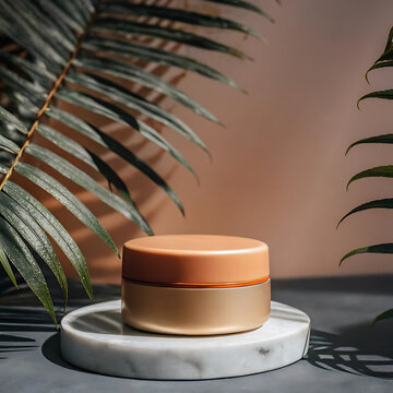 Rounded cosmetic jar with lid on a marble coaster minimalist product photography beauty skincare cream