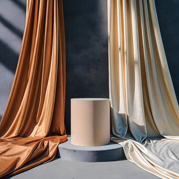 Cylindrical pedestal surrounded by draped fabrics a minimalist still life composition beige blank brown circular base