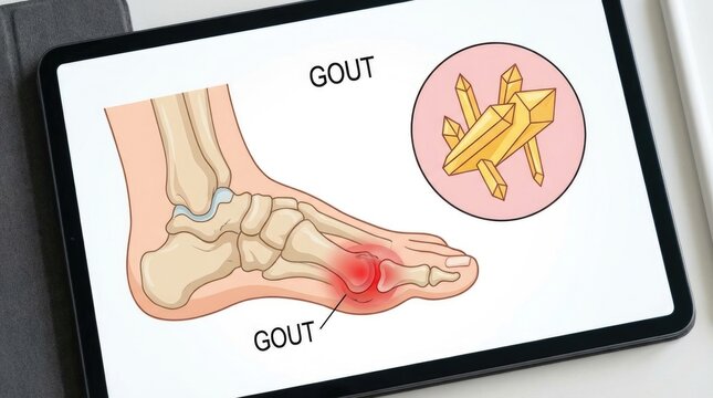 Crystalline arthropathy insight: painful inflammation, urate deposit, big toe, foot skeleton, chronic disease, medical diagram, health problem, body system.