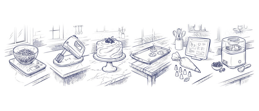 Baking kitchen tools sketch illustration of step-by-step dessert preparation, featuring frosted cake, baking sheet with cookies, hand mixer, scale, and tablet recipe on counter panorama background.