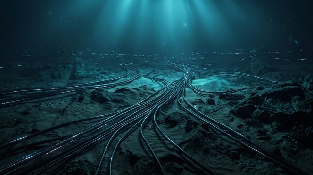 Submarine internet cables on ocean floor. Global data communication network infrastructure.