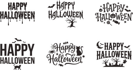 Fototapeta premium Spooky Happy Halloween typography set, black vector lettering with bats and pumpkins, creepy holiday calligraphy for party invitations and decor