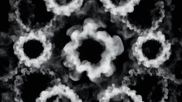 Floating white smoke rings expanding in a dark void captured in high definition motion video animation