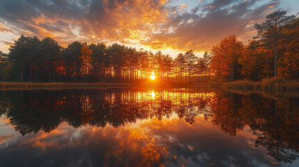 Stunning autumn sunset over forest lake with fiery sky reflecting on calm water © THUA