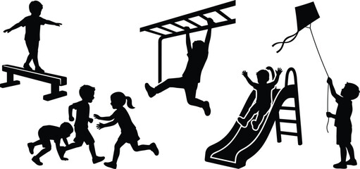 Silhouette collection of children playing on playground equipment including slides, monkey bars, balance beam, and kite flying © Muntaseer