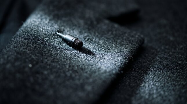 Hidden microphone bug on suit lapel. Secret surveillance device for covert audio recording.