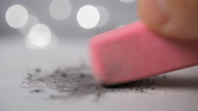 Pink rubber eraser removing graphite pencil marks from white paper in this smooth motion video clip
