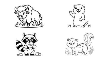 Obraz premium Cute cartoon animals illustration featuring yak squirrel raccoon and chipmunk