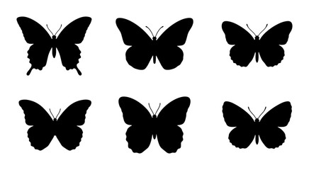 Six Black Butterfly Silhouettes, Vector Icons, Insect Wing Shapes, Nature Graphics, Delicate Flying Creatures © MdRakib