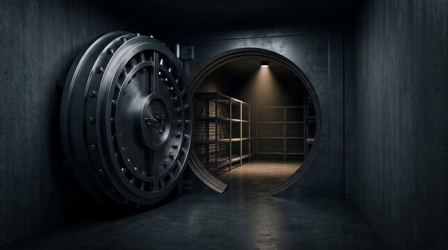 Empty bank vault interior with open door. Secure financial storage room with metal shelves.