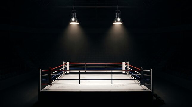 Empty boxing ring under bright spotlights. Professional fight arena in a dark stadium.