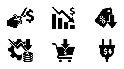 Fototapeta premium Business Finance Icons: Price Reduction, Sales Drop, Cost Savings, Shopping Cart, Energy Costs