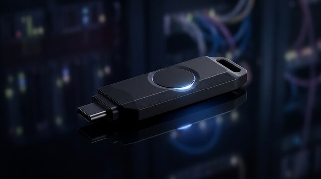 Hardware security key for data protection. USB authentication dongle for cyber safety.