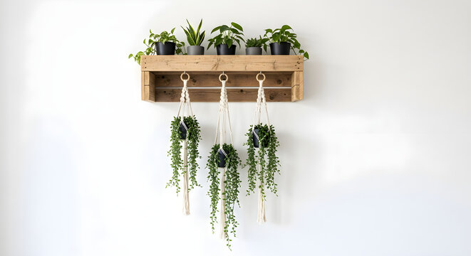 Green house plants on a rustic wooden shelf with macrame hanging planters on white wall