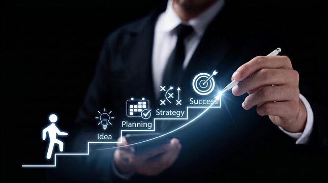 Businessman Drawing Staircase of Business Success Strategy