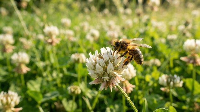 Busy bee pollinating white clover flowers. Honeybee collecting nectar from wildflower meadow.