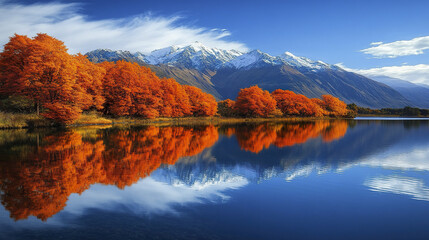 Naklejka premium Autumn trees with orange leaves reflect on calm lake under snow capped mountain peaks
