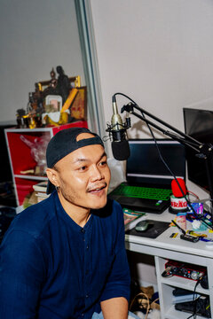 Podcast host at home studio
