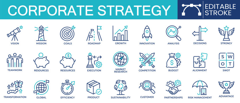 Set of 27 outline icons related to corporate strategy. Containing vision, mission, goals, SWOT analysis, market research and more. Linear icon collection. Editable stroke. Vector illustration