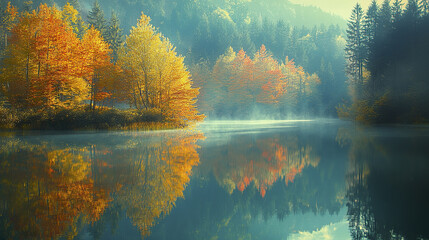Fototapeta premium Tranquil autumn morning by glassy blue lake with colorful trees reflecting calm water