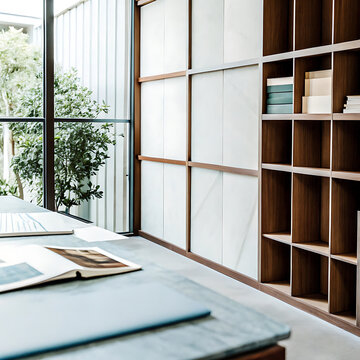 Architectural interior with white paneling and a dark wood bookcase a cinematic photograph architecture room