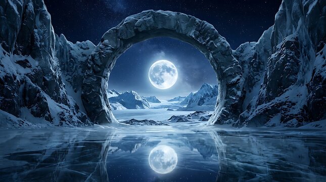 A majestic stone arch framing a luminous full moon over a vast, frozen, snowcovered arctic landscape