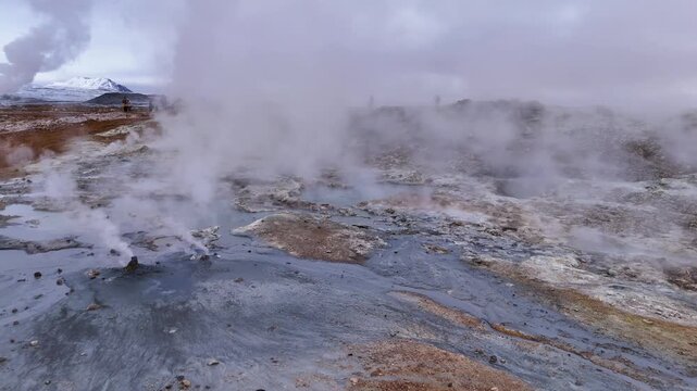 Aerial view of boiling mud pots and smoking fumaroles in Hverir Iceland