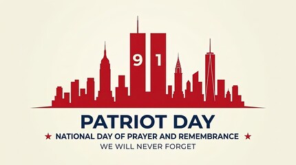 Obraz premium Patriot Day memorial illustration with skyline and 9/11 tribute. National day of prayer and remembrance vector graphic for editorial use.