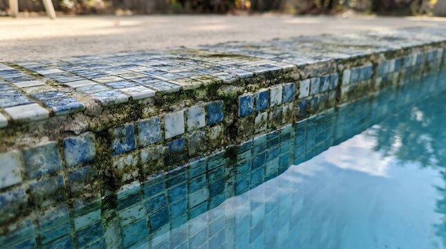 Modern mosaic tile pool coping with clean blue water. Luxury swimming pool edge design in stylish outdoor setting.