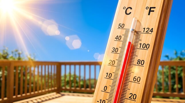 Wooden thermometer showing high temperature under bright sun