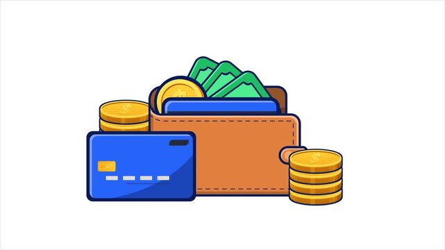 Growing wallet with money, coins, and cards concept animation