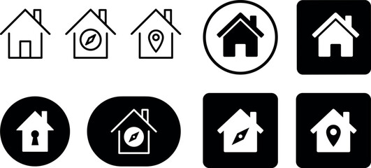 Fototapeta premium Collection home icons. House on location amd time symbol. Set of real estate objects and houses black icons isolated on white background. Vector illustration.