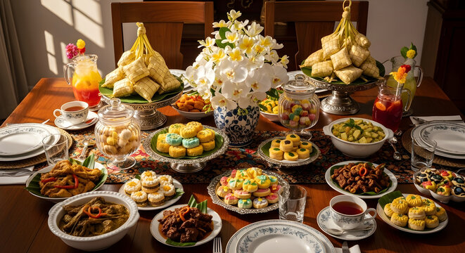 Hari Raya Aidilfitri Festive Spread with Ketupat Rendang and Traditional Cookies