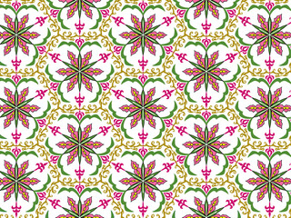 Fototapeta premium Red flowers and green leaves seamless traditional pattern elements designed for background, wallpaper, decorating, fabric, wrapping, clothing, textiles, tiles, carpet, embroidery designs.